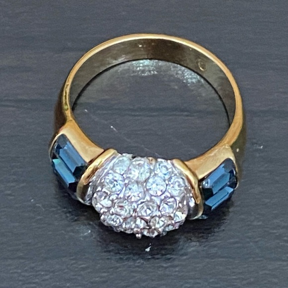 Vintage CZ Stone with Blue Baguette Gold-plated Ring Size 9 - Picture 3 of 14